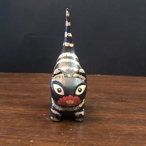Vintage Folk Art Wooden Scaredy Cat Tail Ring Holder Striped Hand Painted